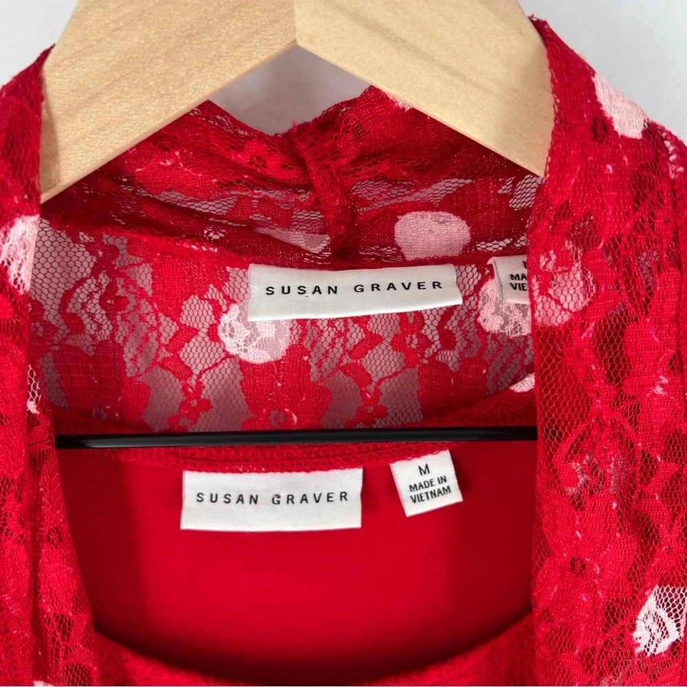 Susan Graver Red Lace White Polka Dot Scoop Neck Tank Sheer Open Cardigan Set‎
